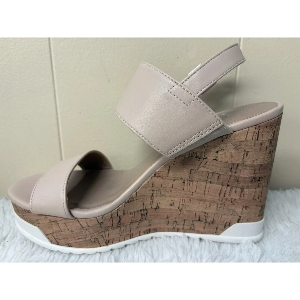 Nude‎ Faux Leather Cork Wedge Platform Sandals Buckle Ankle Strap Beige 8M